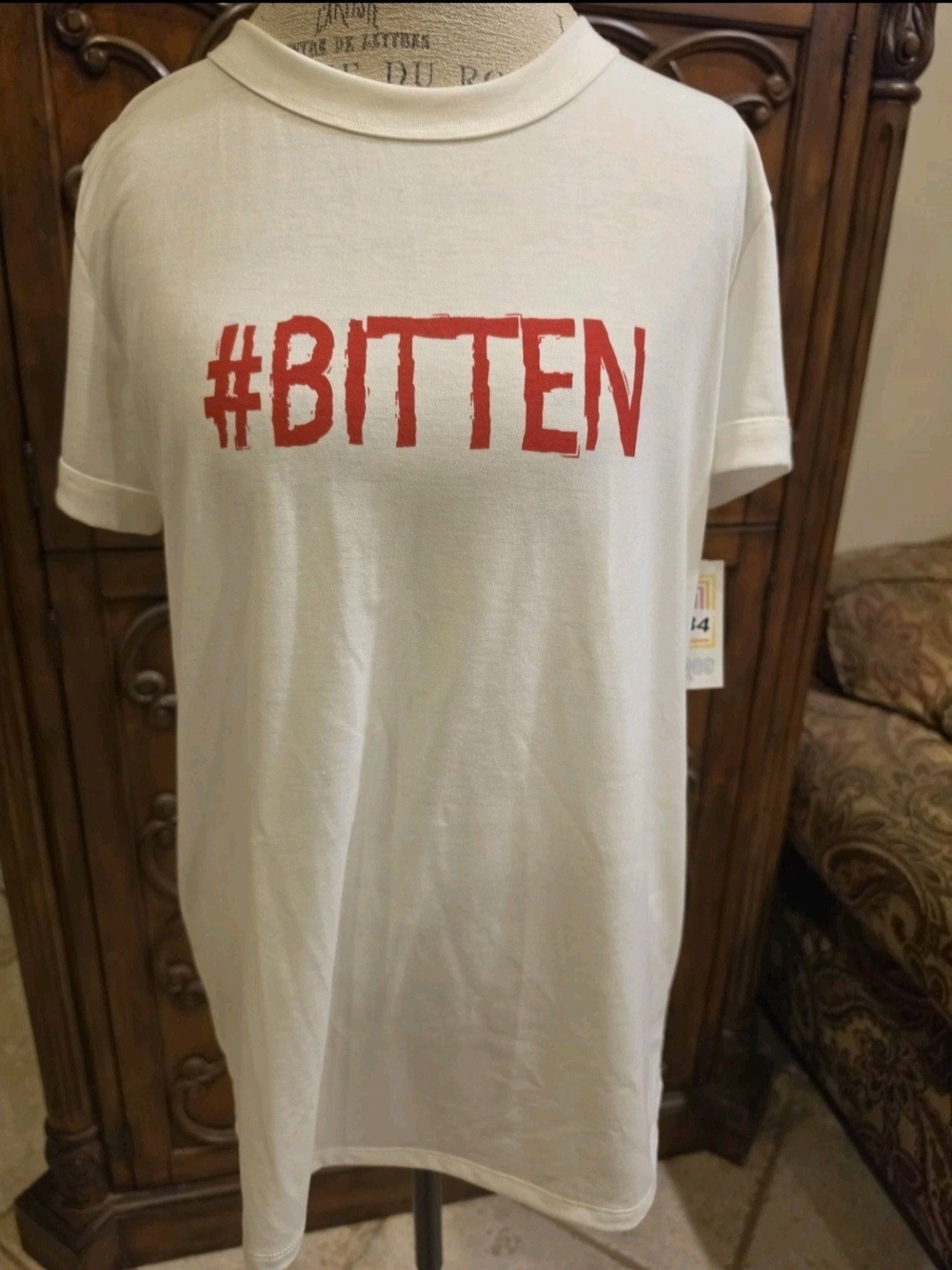 LuLaRoe White Short-Sleeve Tee with Red #BITTEN Graphic